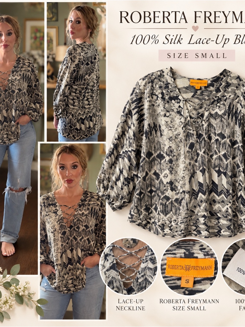 Roberta Freymann Silk Lace-Up Blouse in Black and Cream